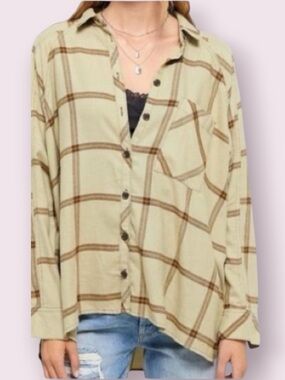 Urban Outfitters Brendan Drapey Flannel Button Down Shirt Green Brown Size XS